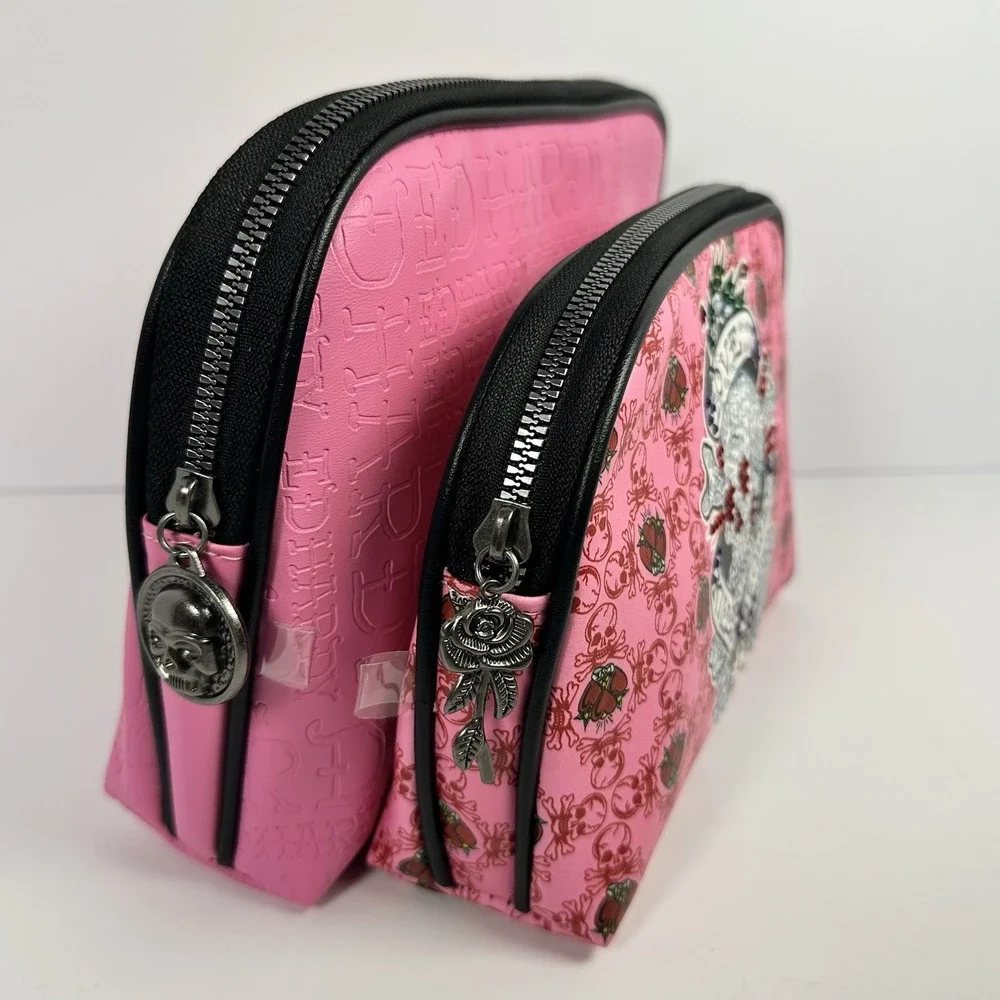 Ed Hardy Pink Skull Heart 2PC Cosmetic Bag Set Rhinestone Makeup Bags NWT